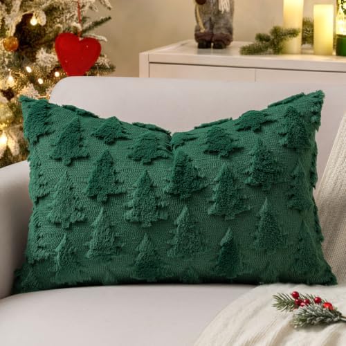 MIULEE Christmas Throw Pillow Covers Lumbar Dark Green Christmas Decorations Xmas Tree 16x24 Pillow Covers Soft Plush Faux Wool Pillowcases Holiday Festivals Winter Home Decor Sofa Couch Bed Porch