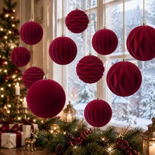 Liliful 3.15 Inch 12 Pcs Velvet Christmas Ornaments Balls, Burgundy Red