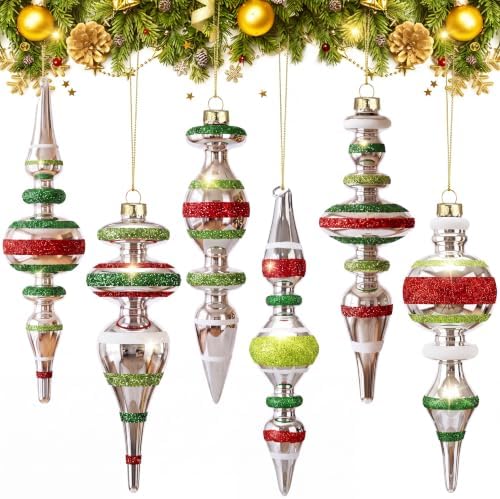 Soulchen 6 Pcs Vintage Glass Finial Christmas Ornaments Boho 6-6.8 Inch