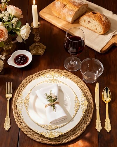 Nervure 175Pcs Ivory Plastic Plates, Disposable Party Plates for 25 Guests