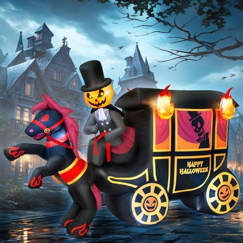 10FT Long Halloween Inflatables Built-in LED Light Pumpkin-Headed Horse Carriage, Giant Halloween Decorations Outdoor Blow Up Yard Decorations Spooky Ghost Carriage Halloween Blowups for Lawn Party