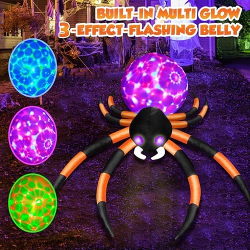 zukakii 12Ft Halloween Inflatables Spider with 7-Colors Changing LED Lights, Decorations Outdoor Rotating Lights & Glowing Eyes, Large Creepy Props for Yard Garden Decor Orange