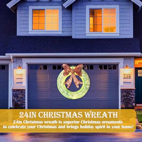 Ogrmar 24in Lighted Christmas Wreath Decoration Metal LED Lighted Wreaths