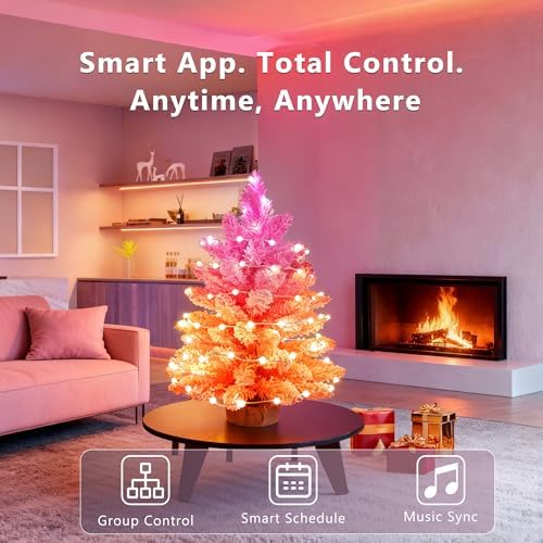 Brizled Smart Pink Mini Valentines Tree, 22.8in DIY Smart-Lit Pink Flocked Tabletop Xmas Tree with 100 LED RGB Lights, App/Voice Control 159+ Scenes Mini Xmas Tree USB C Small Tree for Fireplace Desk