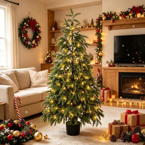 Cllayees 5FT Cedar Christmas Tree with Lights Artificial Potted Tree