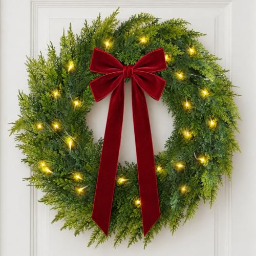 Christmas Decorations, 22 Inch Pre-Lit Christmas Wreath with Red Velvet Bow