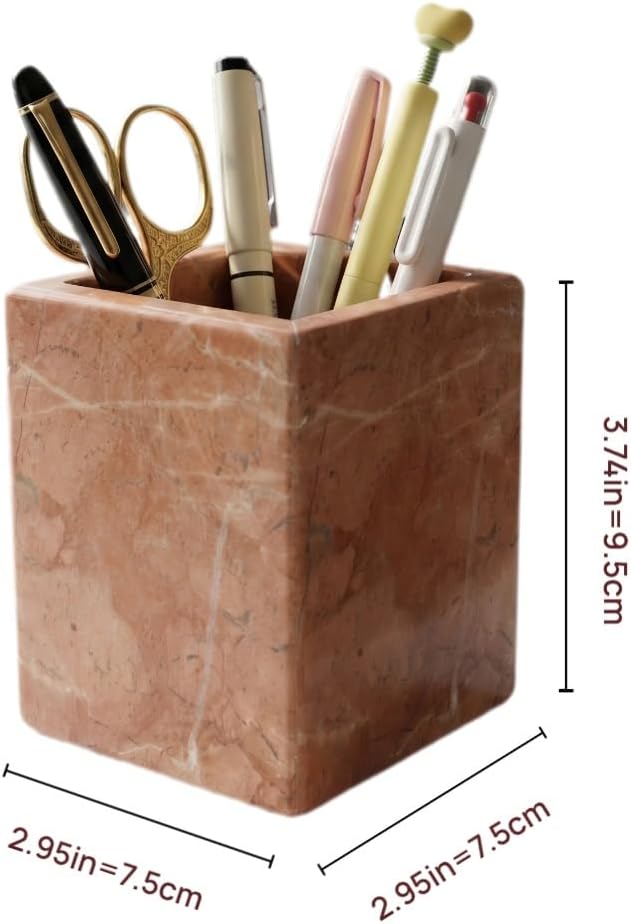 Natural Marble Pen Holder, 2.95” x 3.74” Square Makeup Brush Organizer, Toothbrush Holder, Multi-Purpose Marble Caddy for Desk, Bathroom Vanity, Small Flower Vase & Office Supplies (Rosa Verona)