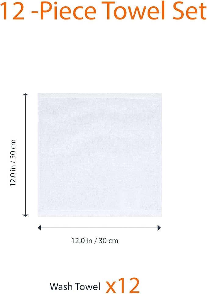 Amazon Basics Cotton Washcloths, Lightweight Quick-Dry, Absorbent Face and Body Towel Set, 12" x 12", White, 12-Pack