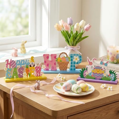3Pcs Fall Decorations, Wooden Table Decor for Thanksgiving (Happy Easter)
