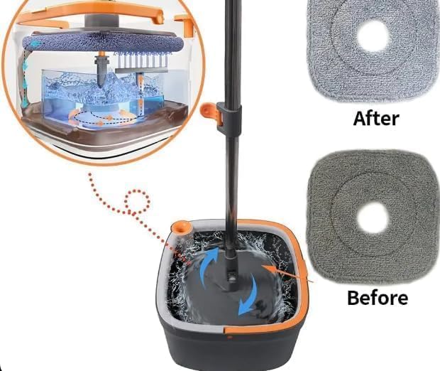 LetsClean 360 Spin Mop and Bucket Clean and Dirty Water Separation System, Back Pain Free, Tile, Hardwood, Marble Floors Square Mop Head Easy Mopping Life, Grey, White, Orange