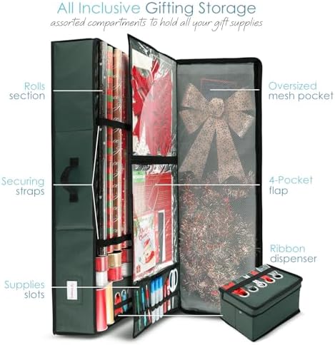 Hearth & Harbor Wrapping Paper Storage Container with Ribbon Storage Organizer - Christmas Storage Bag with Extra Interior Pockets - Gift Wrapping Organizer Storage Fits Up to 26 Rolls of 40" Length