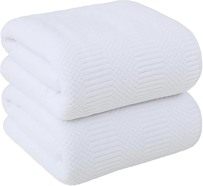 JML Bath Towels Set with Hook, 2 Pack, 30" x 60" | Microfiber, Lint Free, Oversized, Soft, Super Absorbent, Fast Drying, Use for Sport, Fitness, Yoga, Diamond Cross Grid White