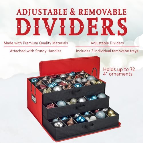 HOLDN’ STORAGE Christmas Ornament Storage Box with Dividers, Holds Up to 72 Ornaments (4 Inches), Large Organizer with 3 Stackable Trays - Red