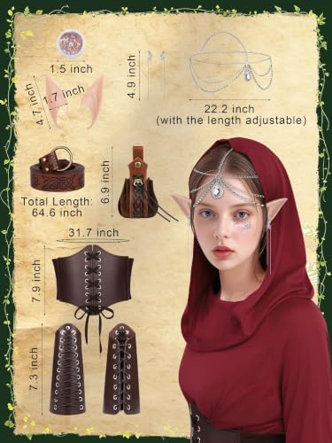 10 Pcs Women Renaissance Halloween Fairy Costume Medieval Hooded Elf Dress