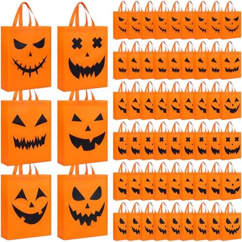 Sanwuta 72 Pcs Halloween Tote Gift Bags 14.9 x 11.8 Large Treat or Trick Pumpkin Reusable Non Woven Candy Goodies Bag for Halloween