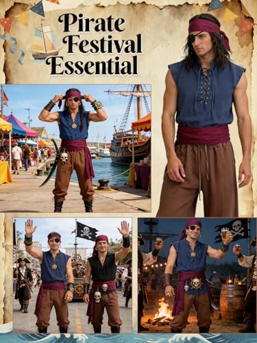 Verceco Mens Pirate Costume 8PCS Renaissance Sleeveless Shirt Ankle-Banded Pants Sash Belt & Accessories LARP Cosplay