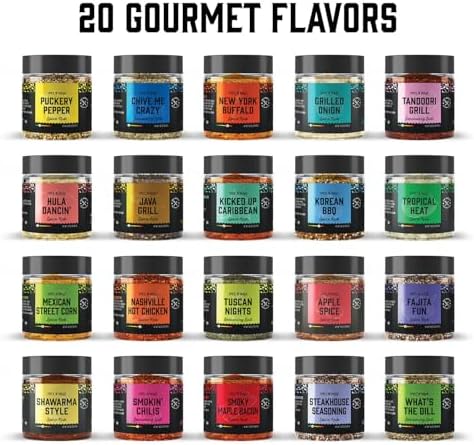 Grilling Spice Set Grill Seasoning Gifts, 20 Unique Spices and Seasonings Jars Gift Set, BBQ Gifts For Men, Dad, Husband, Father, Flavors Like Chili, Cajun, Garlic, Steak, Rub, Herbs, Blend and More