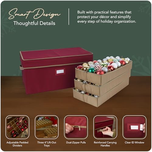 Covermates Adjustable Ornament Storage Box, 25.5" W x 13" D x 12.5" H, Red