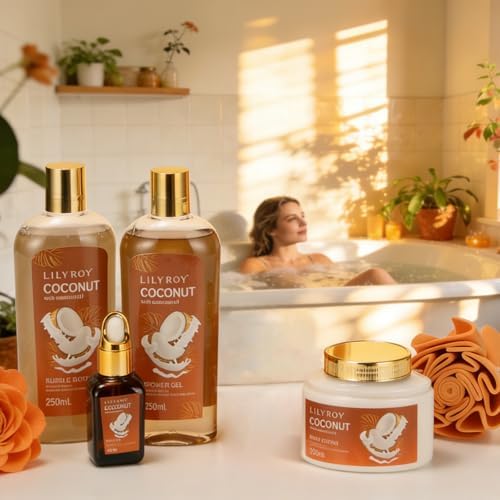 Coconut Spa Gifts Set - 7Pcs Moisturizing Spa Gift Basket for Women & Men