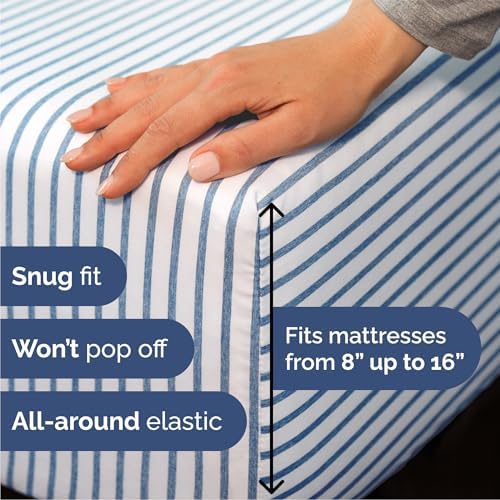 Queen Size 4 Piece Sheet Set - Breathable & Cooling Sheets - Blue Stripes
