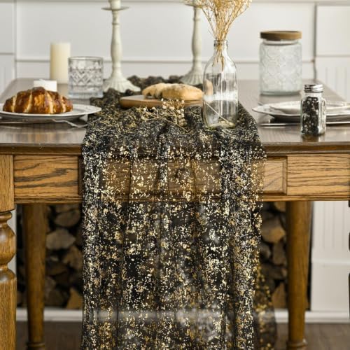 Artoid Mode Black Gold Gauze Table Runner 120 Inch 10FT, Glitter Metallic Foil Sheer Dining Wedding Anniversary Holiday Birthday Table Decor for Home Party