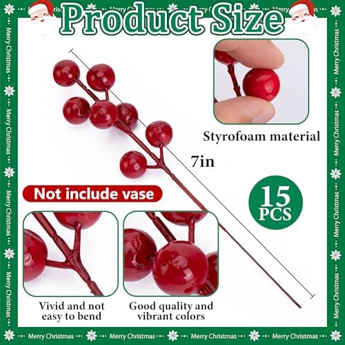 60 Pcs Christmas Artificial Pine Branches Red Berry Stems Faux Xmas Sprigs