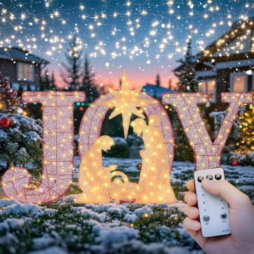 Christmas Lighted Joy Sign Decoration with Timer&Remote Control(Red/Gold)