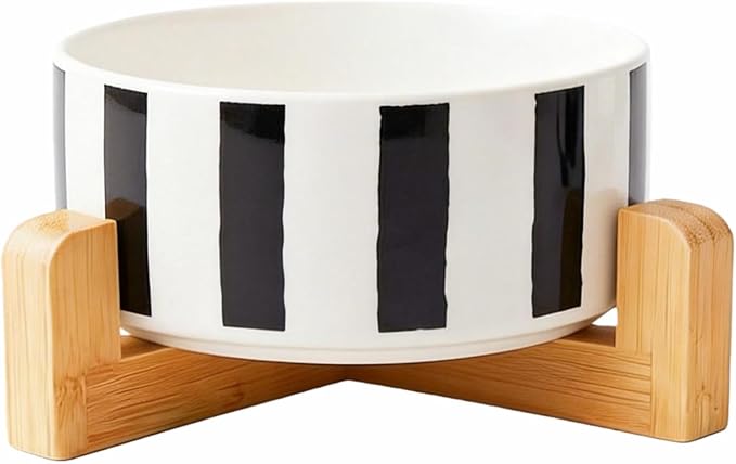 TRUVIC Ceramic Dog Bowl with Wood Stand, Black and White Striped Dog Food and Water Bowl, 2 Cup/14 oz Elevated Puppy Food Bowl for Medium Dogs, Dishwasher Safe, Modern Geometric, Striped