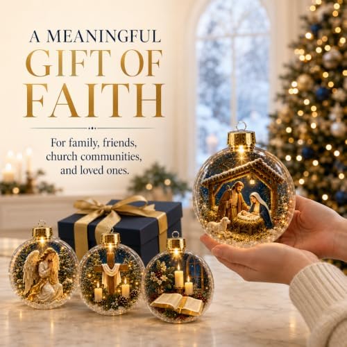 9 Pack Lighted Christian Christmas Ball Ornaments with Flat Acrylic Inserts
