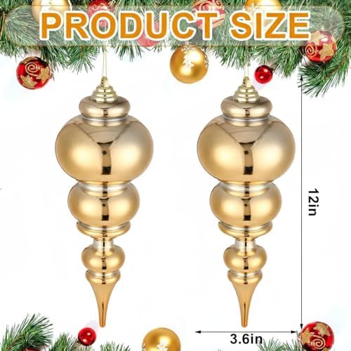 Soulchen 2 Pcs 12" Large Christmas Finial Drop Ornaments, Shiny, Gold