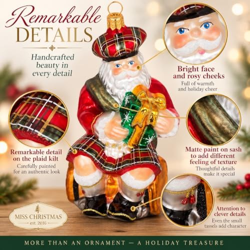 Miss Christmas 2026 Collection Santa Claus Blown Glass Christmas Tree Ornament (Scottish Santa with Whisky Barrel)