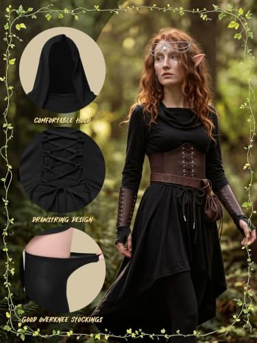 10 Pcs Women Renaissance Halloween Fairy Costume Medieval Hooded Elf Dress