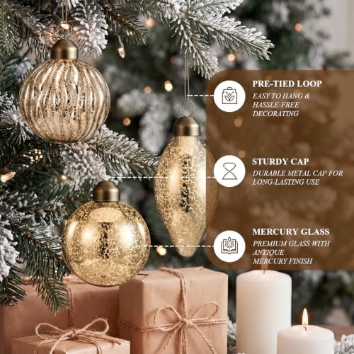 Syhood 18 Pcs Champagne Gold Christmas Mercury Glass Balls Ornaments