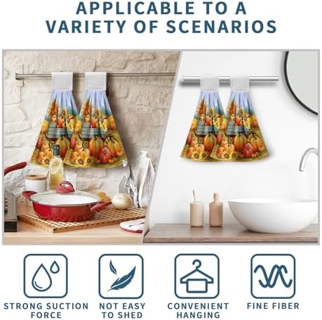 Fall Orange Pumpkin Kitchen Hanging Hand Towels Thanksgiving Autumn Sunflower Hand Towels with Loop Harvest Farmhouse Bath Towels Soft Absorbent Fingertip Tie Towel for Bathroom