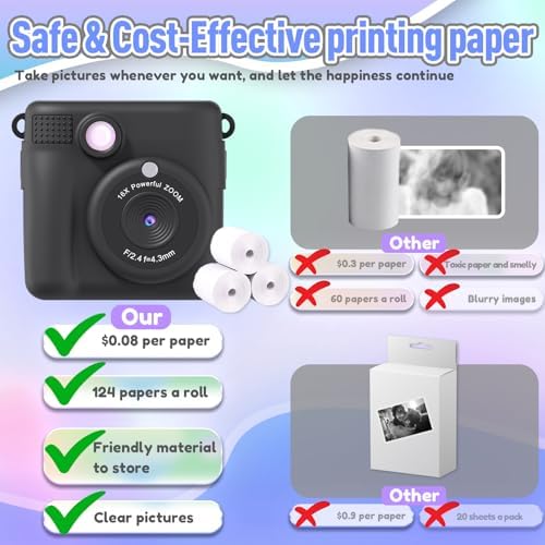 ESOXOFFORE Kids Camera Instant Print, Christmas Birthday Gifts for Kids Age 3-12, Selfie Digital Camera with 1080P Videos,Toddler Portable Travel Cameras Toy for 4 5 6 7 8 9 Year Old Boys Black
