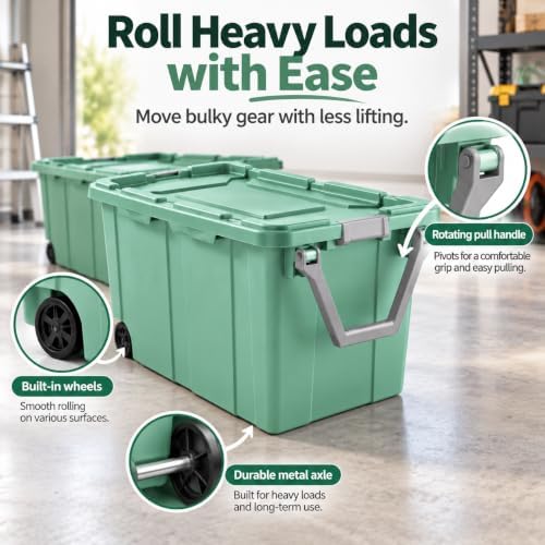 2-Pack 40 Gal Wheeled Storage Bins, Latching Lid & Pull Handle, Green