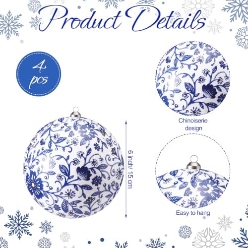 RoundFunny 4 Pcs Chinoiserie Christmas Ornaments 6 Inch Large Blue White Ball Ornaments with Ribbon Foam Porcelain Chinoiserie Christmas Decorations for Home Xmas Tree Party Decor, Not Porcelain
