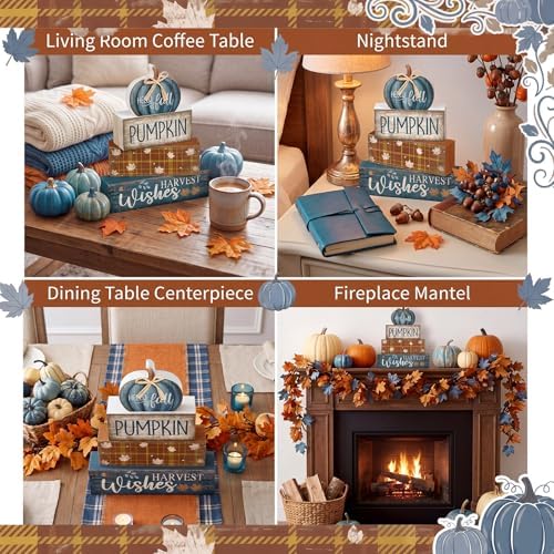 Lineshading 4 Pcs Blue Pumpkin Wooden Block Signs Fall Farmhouse Decor