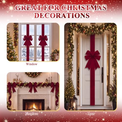 Daifunli 4 Pcs Burgundy Velvet Christmas Cabinet Bows Ribbons for Kitchen