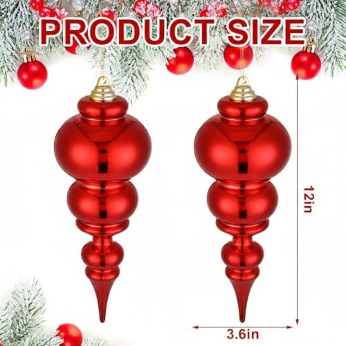 Soulchen 4 Pcs 12" Large Christmas Finial Drop Ornaments, Shiny, Red