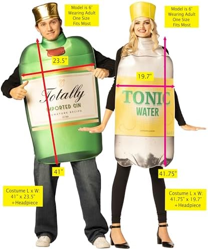 Gin Bottle with Hat (30051-OS) & Tonic Water Bottle with Hat (30052-OS) Couple Halloween Costume, Women and Men, One Size Fits Most Adults