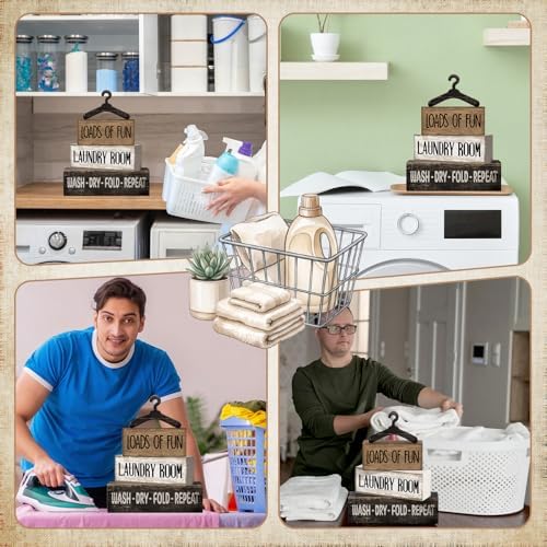 Moucuny 4 Pcs Laundry Room Decor Wooden Signs Rustic Farmhouse Block