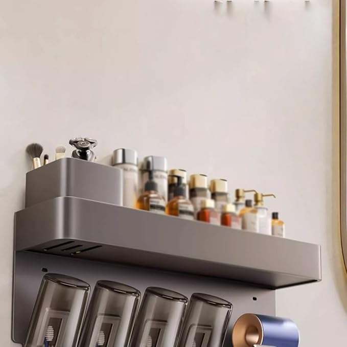 Toothbrush Rack Aluminum Toothpaste Holder Bathroom Wall-Mounted Toothbrush Holder Cosmetics Storage Rack Can Hold Hair Dryer Bathroom Toothbrush Holder, S44cm