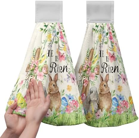 2 Pcs Easter Bunny Hanging Hand Towels He is Risen Rabbits Floral Cross Easter Eggs Kitchen Towels with Hanging Loops Spring Holiday Decorative Dish Cloth Kitchen Tie Towels