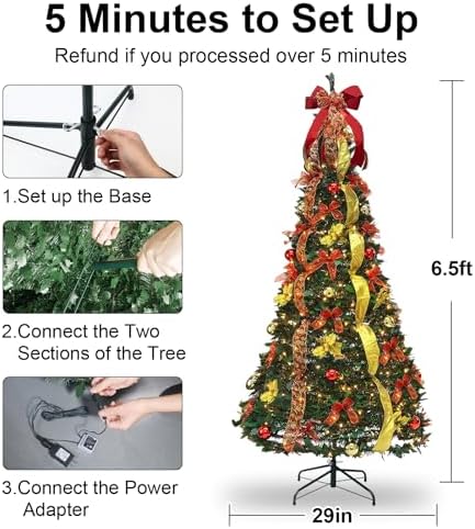 6.5FT Pop Up Christmas Tree with Lights and Decorations & Remote & Timer, Prelit Fully Decorated Pull Up Artificial Christmas Tree with Xmas Ball Ornaments Bows Ribbons for Xmas Party Decor