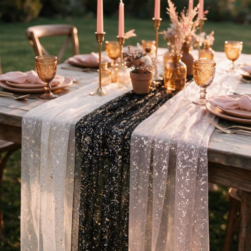 Artoid Mode 3PC Beige Black Pink Gauze Table Runner 120 Inch 10FT, Glitter Metallic Foil Sheer for Wedding Anniversary Holiday Birthday Home Party Decor