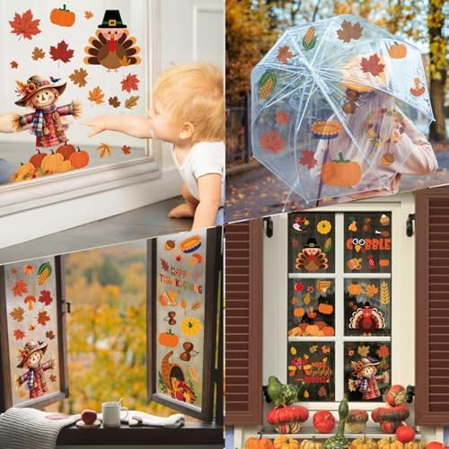 Thanksgiving Window Clings Stickers Decor, Fall Pumpkin Turkey Decorations