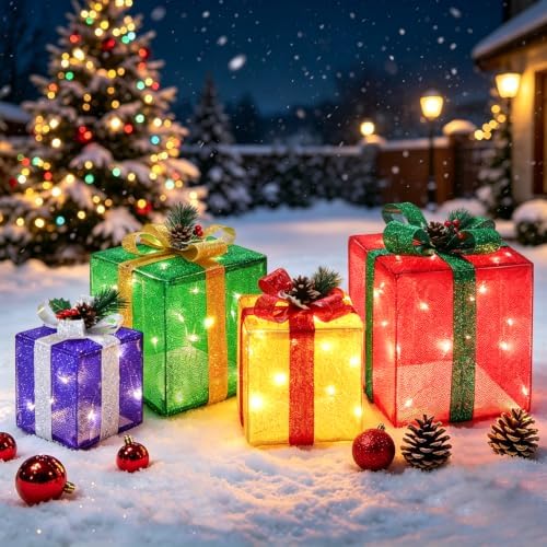 Set of 4 Christmas Lighted Gift Boxes, 70 LED Lights Present Box