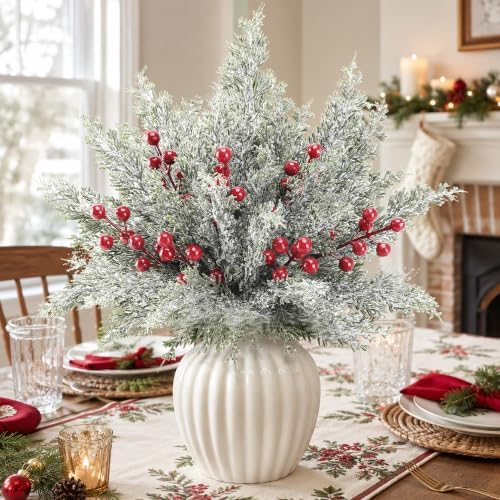 30 Pcs Artificial Christmas Snow Pine Branches Red Berry Stems Faux Sprigs