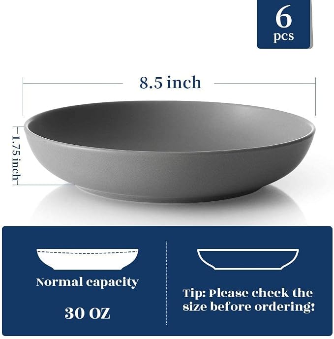 Y YHY Pasta Bowls Set of 6, Large Salad Serving Bowls, Porcelain Soup Bowls 30 Ounces, Wide and Flat, Microwave Dishwasher Safe, Matte Grey